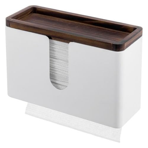 MyGift Deluxe Modern Matte White Metal Folded Commercial Paper Towel Holder with Rustic Burnt Solid Wood Tray Lid, Wall Mounted Trifold Multifold Z Fold Disposable Napkin Dispenser - color: White