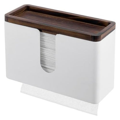 MyGift Deluxe Modern Matte White Metal Folded Commercial Paper Towel Holder with Rustic Burnt Solid Wood Tray Lid, Wall Mounted Trifold Multifold Z Fold Disposable Napkin Dispenser - color: White