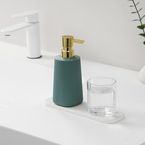 YAUKPH Small Soap Dispenser for Bathroom and Kitchen Matte Green and Gold | Modern Farmhouse Striped Style Plastic Hand Soap Dish Soap Dispenser with Pump - color: Green and Gold