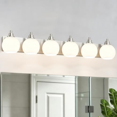 IZORRO Bathroom Light Fixtures, 6-Light Brushed Nickel Vanity Light, Modern Wall Sconces with Globe Milk White Glass Shade, Vanity Lighting Fixtures Over Mirror,E26 Bulb Socket - color: Nickel-white, size: 6-Light