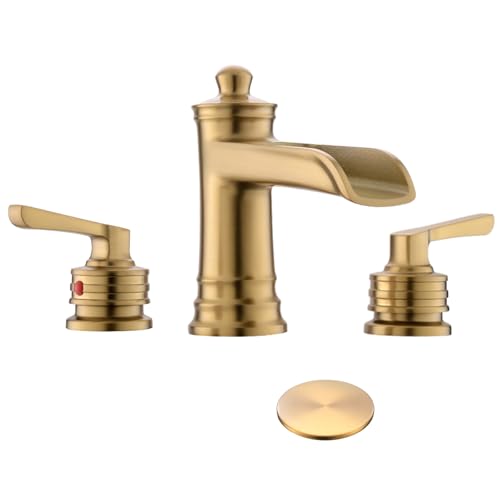 Fapully Brushed Gold Bathroom Sink Faucet, Waterfall Bathroom Faucets 3 Hole, 8 Inch Widespread Bathroom Faucet with Pop-up Drain, 2-Handle Faucet for Bathroom Sink Vanity RV - color: Brushed Gold