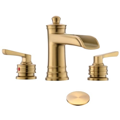 Fapully Brushed Gold Bathroom Sink Faucet, Waterfall Bathroom Faucets 3 Hole, 8 Inch Widespread Bathroom Faucet with Pop-up Drain, 2-Handle Faucet for Bathroom Sink Vanity RV - color: Brushed Gold
