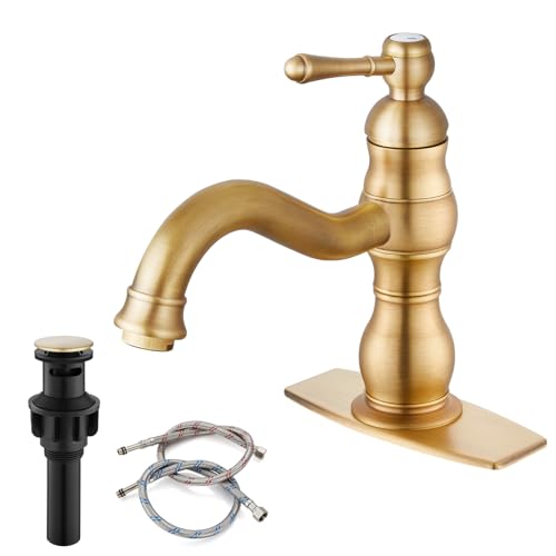 gotonovo Bathroom Faucet 1 Hole Vintage,Antique Brass,7.1” Spout Reach | Bathroom Sink Faucet for 1 or 3 Hole Single Handle,Deck Plate,360° Swivel Spout,Pop Up Drain,cUPC Supply Hoses,for Vanity RV - color: Antique Gold, size: 7.1" Spout Reach