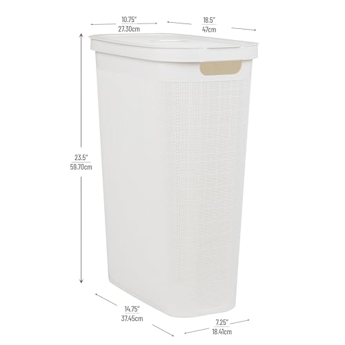 Mind Reader Slim Laundry Hamper with Lid, 40L Clothes Basket, Linen Design, Plastic, White - color: White