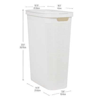 Mind Reader Slim Laundry Hamper with Lid, 40L Clothes Basket, Linen Design, Plastic, White - color: White