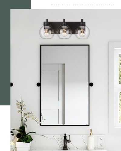 Bathroom Light Fixtures, 3-Light Matte Black Vanity Light, Modern Wall Sconces with Clear Glass Globe Shade, Bathroom Wall Lights for Mirror Kitchen Bedroom Hallway, VL195-MB-3 | 18" modern bathroom light fixtures over mirror, E26 base, bulbs not included