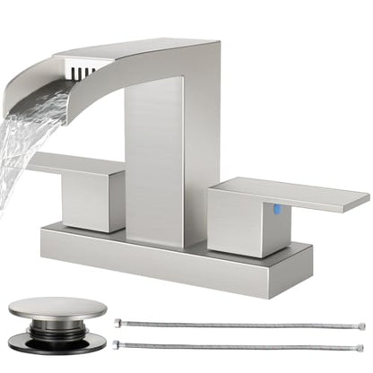 Cobbe Waterfall Bathroom Faucet, Brushed Nickel 4 Inch Centerset 3 Hole | Bathroom Sink Faucet Square with Pop-Up Drain, 2 Handle and 2 Supply Hoses, Lead-Free Stainless Steel for Vanity Sink Rv - color: Brushed Nickel, size: 4 Inch Centerset