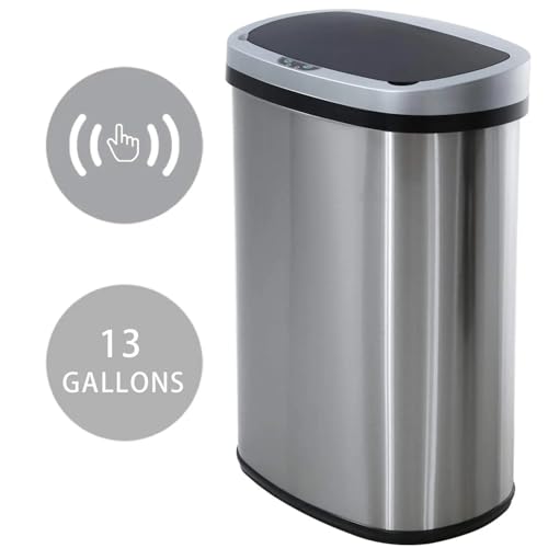 13 Gallon Kitchen Trash Can with Lid,Bathroom Motion Sensor Automatic Trash Can Touchless,Office Stainless Steel Trash Bin,50 Liter Oval Metal Garbage Can (Stainless Steel) - color: Sliver01