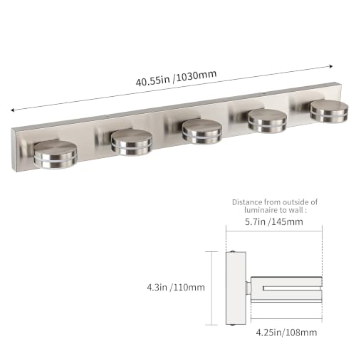 Brushed Nickel Bathroom Light Fixtures Over Mirror, 5-Light | LED Dimmable Bath Lights, Modern Wall Mounted Lighting Fixture with Rotating Lamp Head, Acrylic Metal, 5CCT 40.55in - color: Nickel-5CCT-Dimmable