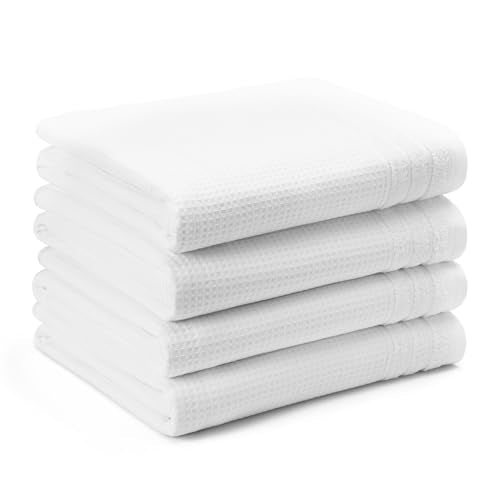 Town & Country Basics 4-Piece Waffle Woven Terry Stripe Bath Towel Set, 30x56-Inch, 100% Cotton, Quick Dry, White - color: White