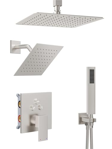 Shower System, All Metal Dual Rain Shower Head with Handheld | 3-In-1 Push Button Valve and Trim Kit, Brushed Nickel SUS304 10" Ceiling & 8" Wall Mount Heads, Bathroom Shower Faucet Set - color: Brushed Nickel