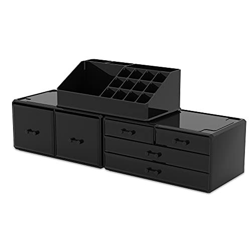 READAEER Makeup Organizer 3 Pieces Cosmetic Storage Case with 6 Drawers (Black) - color: Black