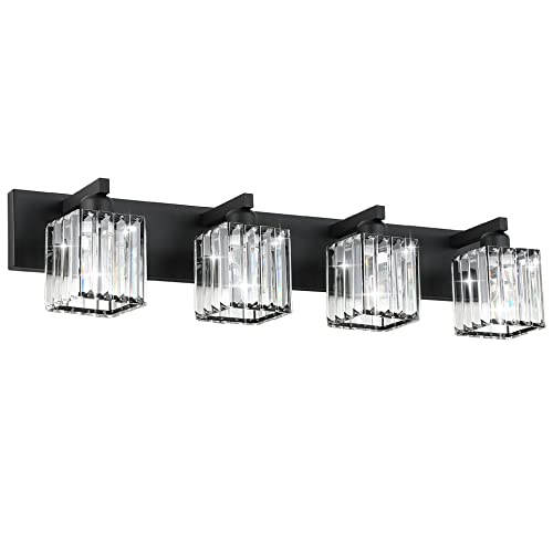 Aipsun Black Light Fixtures Bathroom Vanity Light Crystal Modern Vanity Light for Bathroom 4 Light (Exclude Bulb) - color: Black, size: 32 inch