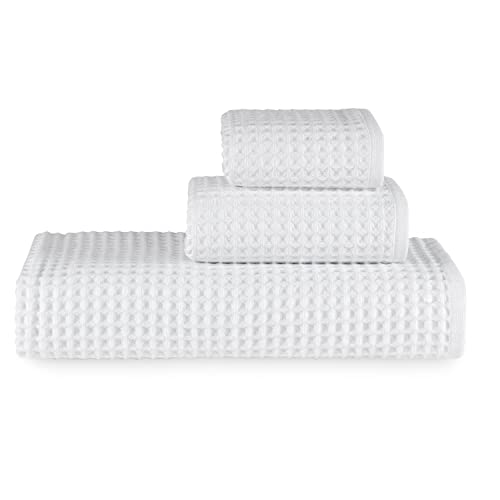 Waffle Bath Sheet Set, 100% Turkish Cotton, Includes 1 Bath Sheet, 1 Hand Towel, 2 Face Towels - color: White, size: Bath Sheet Set (4 Pieces)