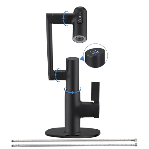 Bathroom Faucet, Rotatable Faucets with Temperature Display in Celsius (Batteries-Free), 3 Water Outlet Modes Single Hole Faucet with Sink Plate for Bathroom Sink (Matte Black) - color: Matte Black
