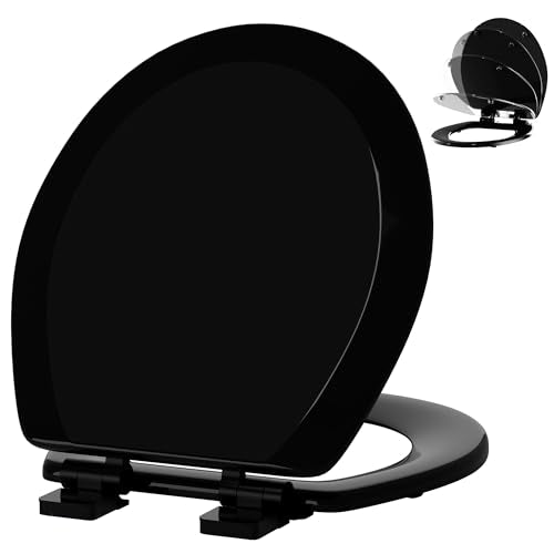 Angol Shiold Slow Close Wood Toilet Seat（Black, Round 16.5''） | Durable enameled wood round toilet seat, adjustable non-slip hinges, anti-pinch bumpers, easy to install and clean
