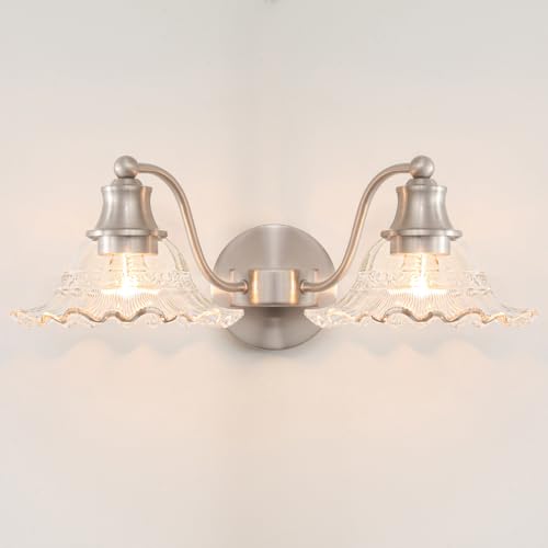 Brushed Nickel Bathroom Vanity Light Fixture Vintage, E26 Easy Mounted | Vanity Light with Flower Glass Shades, 18" Wide Bathroom Lighting Over Mirror, Easy Mounted for Bathroom, Bedroom, Hallway - color: Nickel, size: 2 light - B
