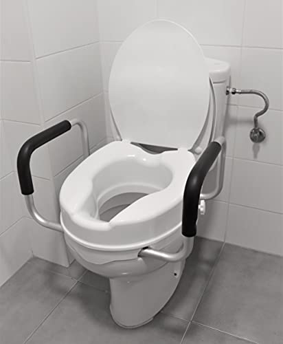 PEPE Mobility Raised Toilet Seat with Handles and Lid for Elderly 4" High, Fits Round and Elongated up to 15" Wide, Commode Seat with Sturdy Brackets, Medical Aid - color: White