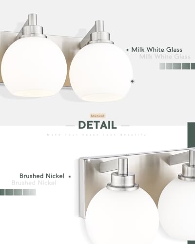 3-Light Brushed Nickel Bathroom Vanity Light, Milk Glass Globe Shade | 18" modern bathroom light fixtures over mirror, E26 base, bulbs not included, VL195-BN-ML-3 - color: Brushed Nickel, Milk Glass, size: 3-light
