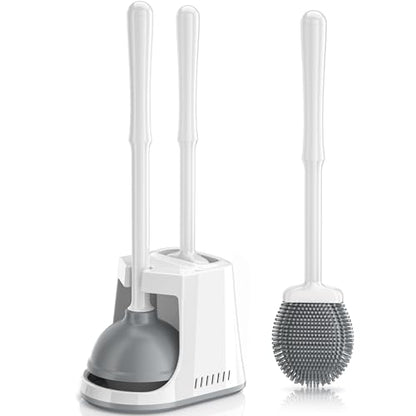 Unique Toilet Plunger and Brush, Silicone Brush and Heavy Duty Toilet Plunger Set with Ventilated Holder, 2-in-1 Toilet Brush and Plunger Combo for Bathroom Cleaning-New Pack (White)