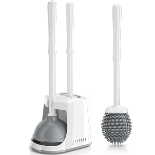 Unique Toilet Plunger and Brush, Silicone Brush and Heavy Duty Toilet Plunger Set with Ventilated Holder, 2-in-1 Toilet Brush and Plunger Combo for Bathroom Cleaning-New Pack (White)