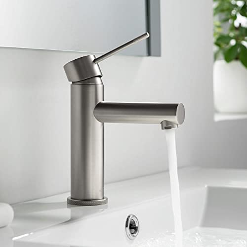 KBF1010 Solid Brass Single Handle Bathroom Sink Faucet, Circular X Single Hole Bathroom Faucet with Pop Up Drain | High Arc Spout | Brushed Nickel | Corrosion and Rust Resistant - color: Brushed Nickel W/ Pop Up Drain