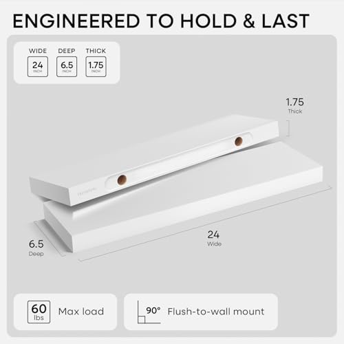 White Floating Shelves 24 inch, High End Solid Real Wood 24inch Bathroom Floating Shelf for Wall Mounted, White Wooden 24in Floating Shelves, Heavy Duty Bracket, 24 X 6.5 X 1.75 in, Set of 2 - color: Classic White - Soft Neutral Satin, size: 24 inch