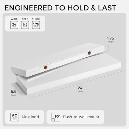 White Floating Shelves 24 inch, High End Solid Real Wood 24inch Bathroom Floating Shelf for Wall Mounted, White Wooden 24in Floating Shelves, Heavy Duty Bracket, 24 X 6.5 X 1.75 in, Set of 2 - color: Classic White - Soft Neutral Satin, size: 24 inch