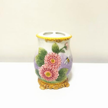 Ceramic Sunflower Bathroom Accessories Set, 4 Piece Bathroom Ensemble Set with Toothbrush Holder, Toothbrush Cup, Soap Dispenser, Soap Dish (Pink) - color: Pink