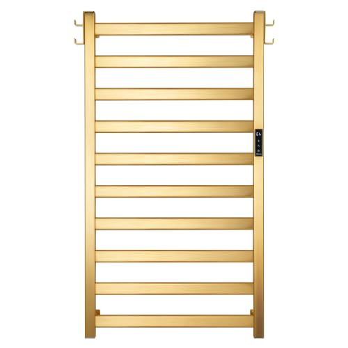 EA15 Series Towel Warmer, 10 Bar, Gold | Heated Towel Rack, Classic Square Tube, Dual Hooks, Built-in Thermo Control and Timer, Memory Function, Work with Smart Plug - color: Gold, size: 10 Bar