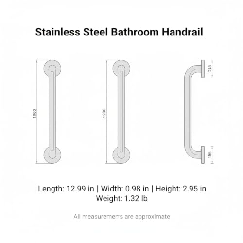 Stainless Steel Bathroom Grab Bar, Silver Textured Grip Handrail for Shower and Bathtub, Durable Wall Mount Rail - size: 12.99 x 0.98 x 2.95 in