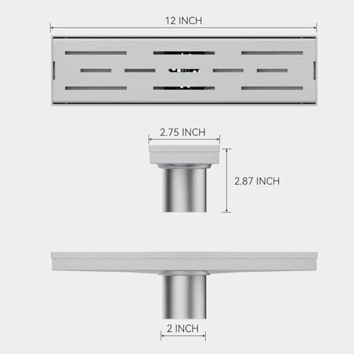 ELLO&ALLO 12 Inch Linear Shower Drain Brushed Nickel, SUS304 Stainless Steel Rectangle Shower Floor Drain with Removable Pattern Grate - color: Brushed Nickel, size: 12 In Grid Cover