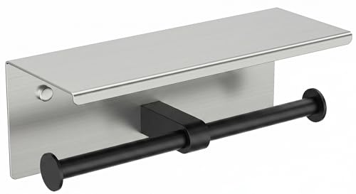 FORIOUS Toilet Paper Holder with Shelf, Commercial Toilet Paper Dispensers | Stainless Steel & Black | Wall Mount Bathroom Tissue Holder | SUS304 Stainless Steel Rustproof | Double Tissue Roll Holder - color: Stainless Steel & Matte Black