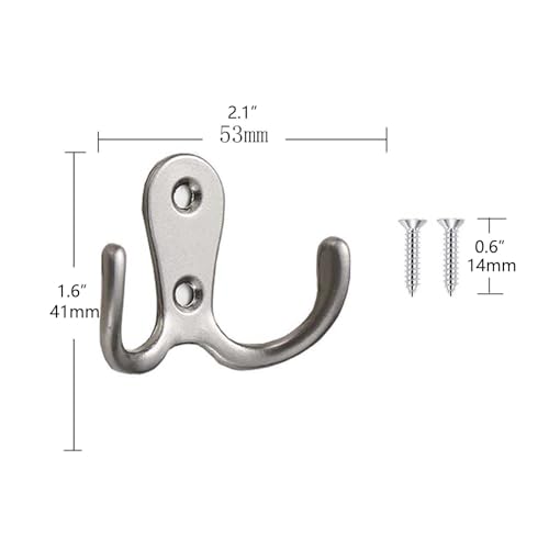 2 Pcs Double Prong Robe Hooks, Dual Coat Hooks Wall Mounted Hanging Clothes for Bathroom Bedroom Door Wall Retro Metal Cloth Hanger Double Coat Hooks with 4 Screws (Matte Silver) - color: Matte Silver