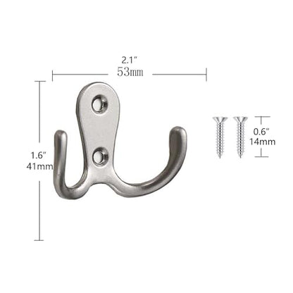 2 Pcs Double Prong Robe Hooks, Dual Coat Hooks Wall Mounted Hanging Clothes for Bathroom Bedroom Door Wall Retro Metal Cloth Hanger Double Coat Hooks with 4 Screws (Matte Silver) - color: Matte Silver