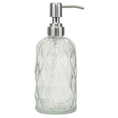12Oz Clear Glass Soap Dispenser with Stainless Steel Pump, Diamond Design | Refillable Kitchen Liquid Hand Soap Dispenser, for Dispense Hand soap, Dish Soap, Lotion, Bathroom, Countertop, Hotel - color: Clear a