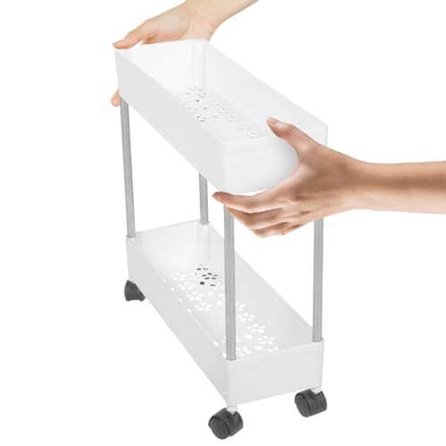 Slim Rolling Storage Cart, 2-Tier Mobile Shelving Unit, White Plastic and Iron Trolley Rack for Kitchen, Bathroom, Office, Laundry Room, 15.74 X 15.74 X 5.11 Inches