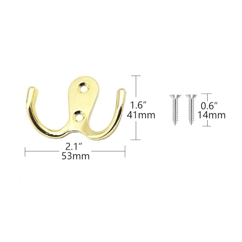 2 Pcs Double Prong Robe Hooks, Dual Coat Hooks Wall Mounted Hanging Clothes for Bathroom Bedroom Door Wall Retro Metal Cloth Hanger Double Coat Hooks with 4 Screws (Gold) - color: Gold