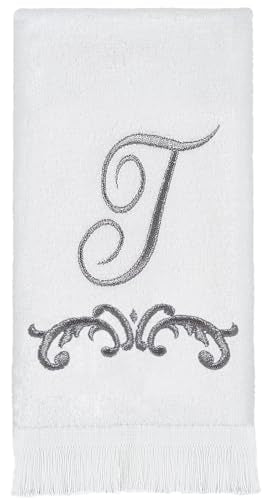 Avanti Monogram Fingertip Towel, T-Scroll, White/Pewter
