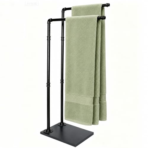 Hjarta Freestanding Towel Rack for Bathroom, 2-Tier Free Standing Towel Stand, Farmhouse Towel Holder for Bath Towel Sheet, Black - color: Black
