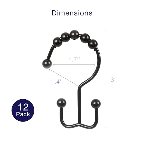 2lbDepot Double Shower Curtain Hooks Rings (Matte Black Decorative Finish) Premium Rust Resistant Stainless Steel Metal Hook, Roller Balls Glide on Shower Rods, Set of 12 Pieces - color: Black