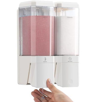 Shampoo and Conditioner Dispenser 2 Chamber No Drill Shampoo Dispenser for Shower Wall Mounted Shower Soap Dispenser 2 * 500ml Refillable Shower Dispenser for Bathroom Hotel,White - color: White-clear-2