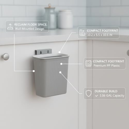 Wall-Mounted Trash Can, Compact 1.06 Gallon Waste Bin for Kitchen Cabinet or Bathroom, Space-Saving PP Plastic Disposal Unit (1 PC) - color: Gray