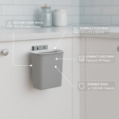 Wall-Mounted Trash Can, Compact 1.06 Gallon Waste Bin for Kitchen Cabinet or Bathroom, Space-Saving PP Plastic Disposal Unit (1 PC) - color: Gray