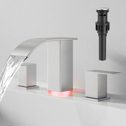 RUMOSE LED Bathroom Faucets Set 3 Hole Vanity Faucet with Pop Up Drain | Brushed Nickel Bathroom Sink Faucet, Widespread Waterfall, 3 Colors Light Changing, Stainless Steel, Deck Mounted - color: Brushed Nickel