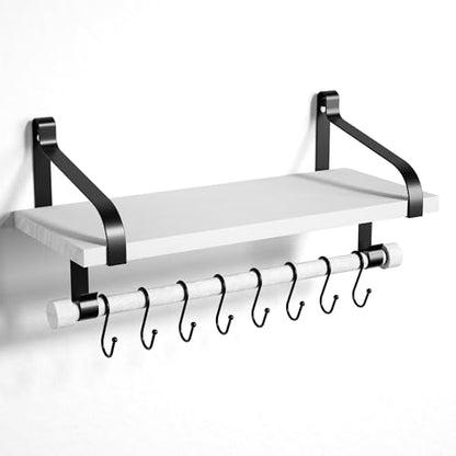 Love-KANKEI 17.3" Floating Wall Shelf Solid Wood/Bracket,Coffee Bar,White | Spice Rack,Towel Bar/8 Hooks,40 Lbs/shelf,Easy to Install,For Kitchen,Bathroom,Living Room,Bedroom,Office,Entryway Display - color: White