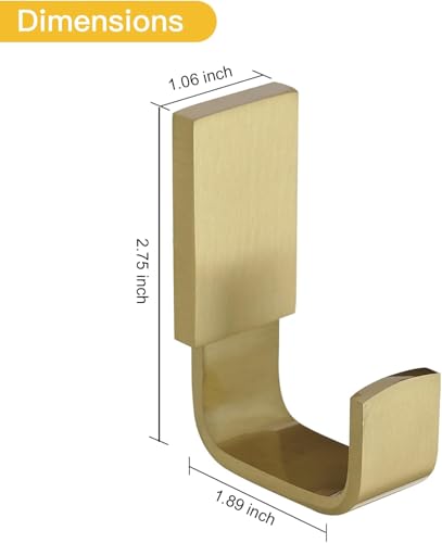 Brass Towel Hook, Bathroom Robe Coat Clothes Hook, Brushed Gold 2 Pack | Wall Mounted with Screws for Bathroom, Kitchen, Hotel, Garage, Laundry, Square Coat and Hat Hooks, Rustproof & High Quality - color: Brushed Gold, size: 2 Pack