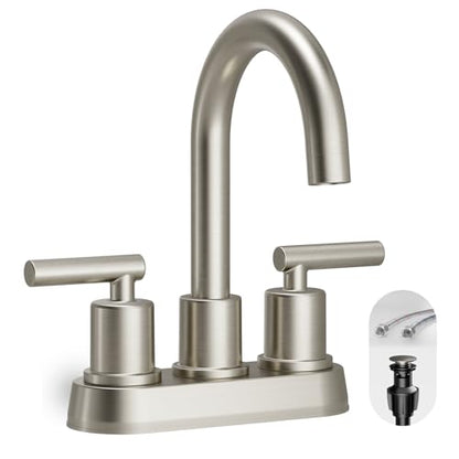 VXV Bathroom Sink Faucet 4 Inch 2 Handle Centerset Modern 360 Rotating Brushed Nickel Water Faucet with Pop-up Drain Stopper Assembly Supply Line Fits 2 Hole - color: Brushed Nickel