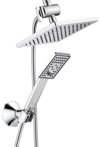 BRIGHT SHOWERS Rain Shower Head with Handheld Spray, 8 Inch High Pressure Rainfall Shower Head Combo with 60” Hose, Adjustable Dual Square Showerhead with 3-Way Diverter, Wall Bracket, Chrome - color: Chrome, style: Dual Shower Head