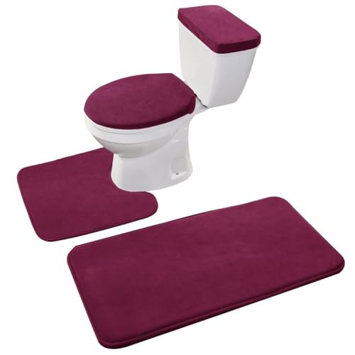 Madeals Memory Foam Bathroom Toilet Rug Set 4 Piece with Toilet Lid Cover and Tank Covers Burgundy - color: Burgundy
